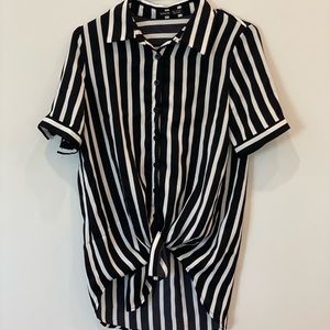Striped short sleeve button-up blouse